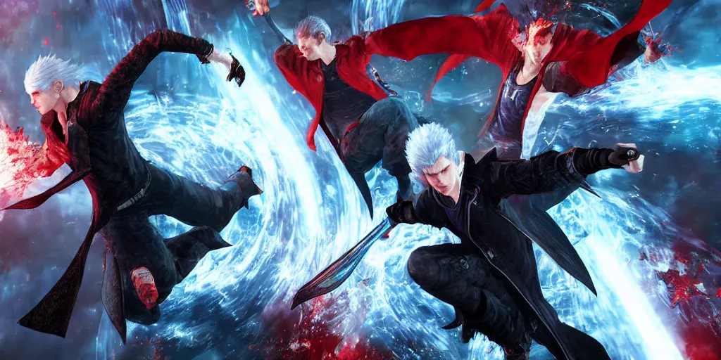 Prompt: dmc 5 vergil fighting dante, digital art with background by chengwei pan
