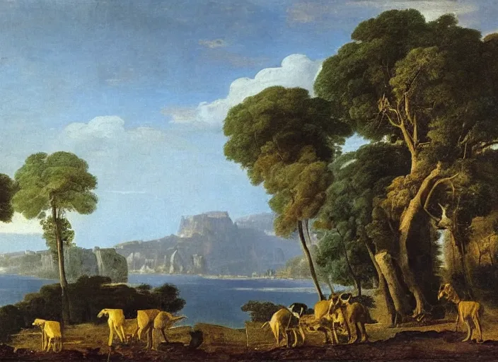 Image similar to highly detailed landscape of the african velt, animals, beautiful, bright atmosphere : claude lorrain