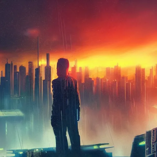 Image similar to « futuristic city, cyberpunk, blade runner, sunrise, morning, girl watching the sky, ground view to the top »