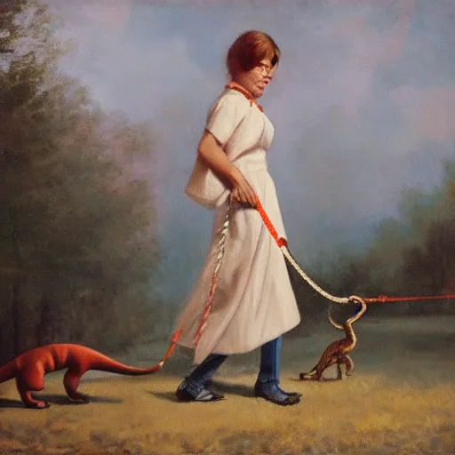 Prompt: award winning portrait of a young woman walking her pet dinosaur on a leash,