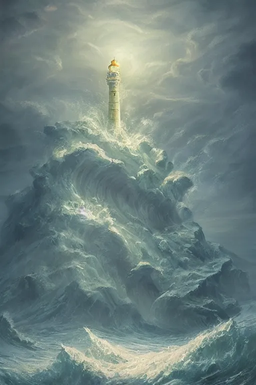 Prompt: epic scene of monstrous cthulhu rising from the stormy ocean near a dramatic coastline with lighthouse by peter mohrbacher, h p lovecraft, cthulhu, masterpiece, artstation, digital painting