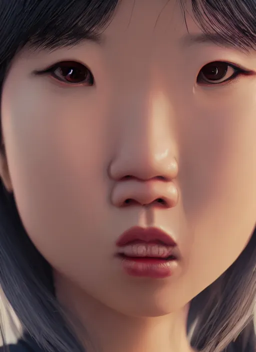 Prompt: a painting of cute Asian woman frowning, in the style of DreamWorks animation, low angle view, 16mm lens, award winning, mid-shot, hyper detailed, dramatic lighting, artstation, octane renderer, unreal engine