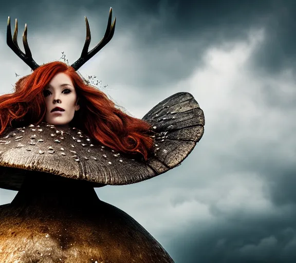 Prompt: a photo of an armored woman warrior redhead with antlers sitting facing backwards on a giant mushroom that covers a whole village and reaches above the clouds by luis royo. intricate. lifelike. soft light. sony a 7 r iv 5 5 mm. cinematic post - processing