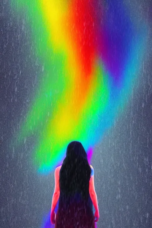 Image similar to a woman standing in the rain with rainbow hair, digital art, 8 k