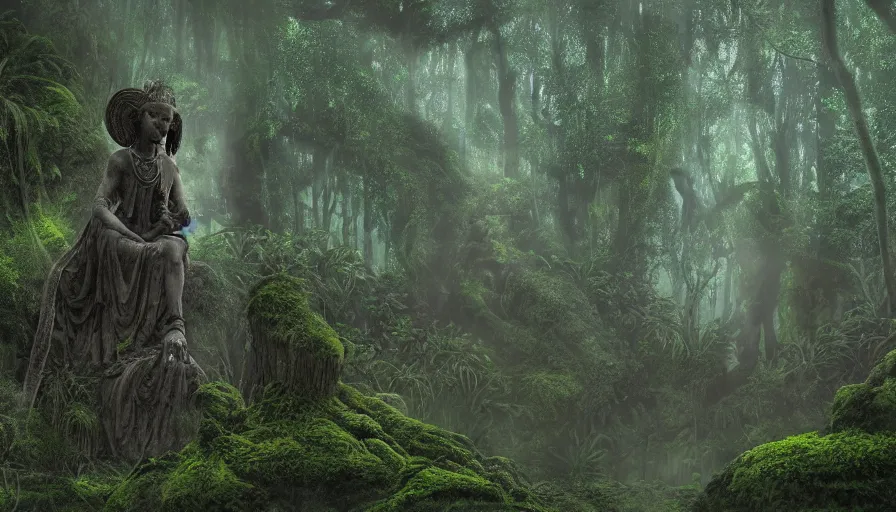 Image similar to concept art of an enormous statue of a headless goddess meditating at night, deep in the jungle, overgrown, covered in moss, ambient lighting, mist