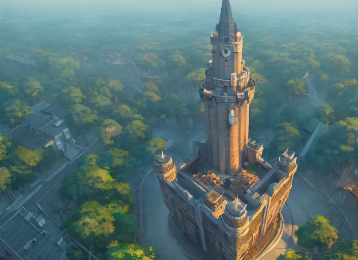 Image similar to overhead view of the great tower of the south, medium shot, studio ghibli, pixar and disney animation, sharp, rendered in unreal engine 5, anime key art by greg rutkowski, bloom, dramatic lighting