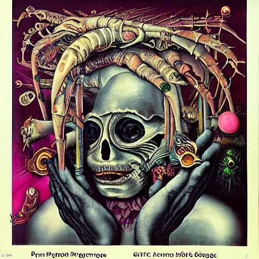 Image similar to post - punk new age album cover, magic, apocalypse, psychedelic, psychonaut, black white pink, magic, giger h. r., giuseppe arcimboldo