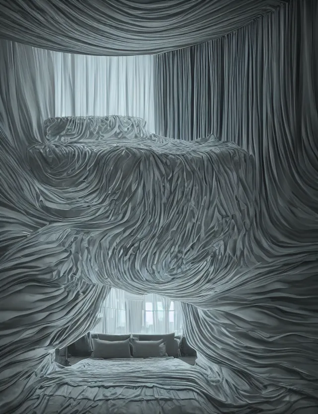 Image similar to dreamlike photo of floating bed above floor in a giant room with bright windows opening to other dimensions by andrzej sykut by lee madgewick, photorealistic, octane render, recursive, high contrast, pretty color, flowing, cascading, multiverse!!!!!!, labyrinthine, optical illusion, impossible angles