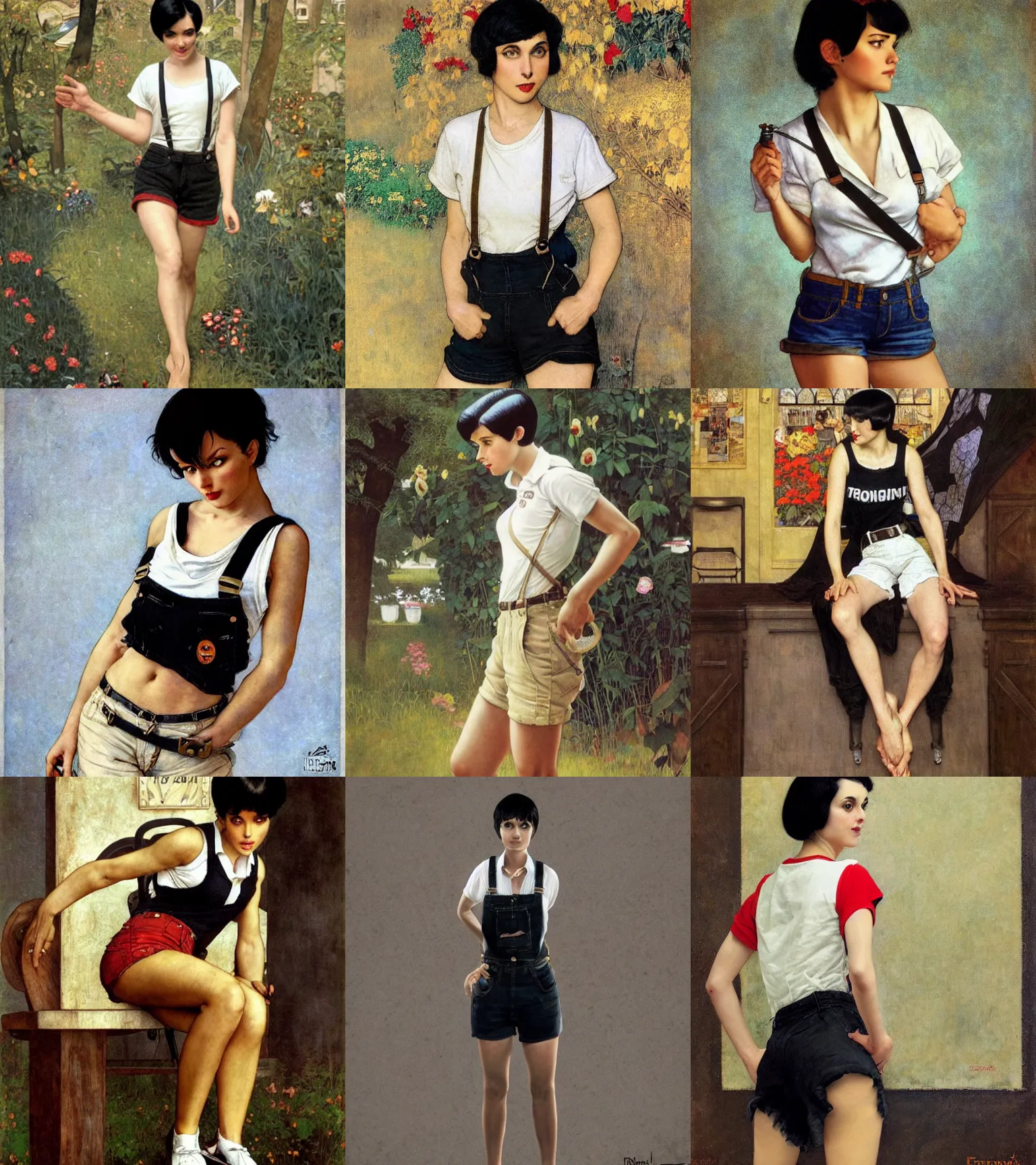 Prompt: a woman with black hair and long pixie haircut in shorts with suspenders and white t-shirt drawn by paolo eleuteri serpieri, norman rockwell, frank frazetta, peter paul rubens, alphonse mucha, gustav klimt 4k, unreal 5, DAZ, french noveau, trending on artstation, octane render, hyperrealistic