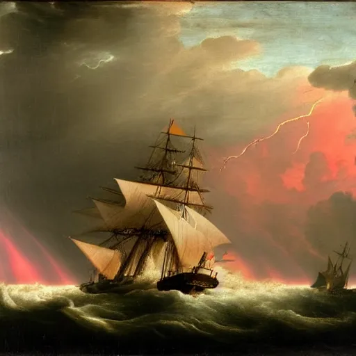 Image similar to 17th century frigate in a storm, turbulent waves, lightning in the background, crimson tint. Carl Friedrich