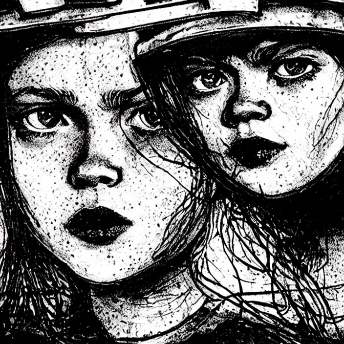 Prompt: extreme close - up on sadie sink as a miner : drinks from a glass. background : black tiles on walls. black and white, pencil and ink. by gabriel hardman, joe alves, chris bonura. cinematic atmosphere, detailed and intricate, perfect anatomy