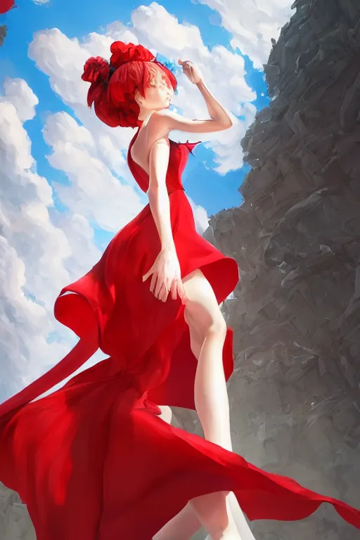 Image similar to the beautiful white frilled red dress girl standing in the hyper big and tall tower, looking at the, low angle, highly detailed, digital painting, artstation, concept art, smooth, sharp focus, illustration, Unreal Engine 5, 8K, art by Hiroaki Samura and Jiro Matsumoto