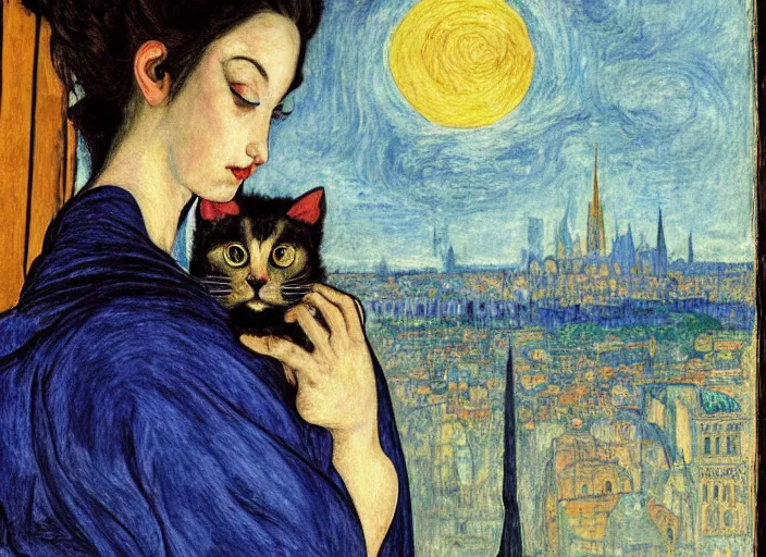 Image similar to close portrait of woman in night gown with cat, with city with gothic cathedral seen from a window frame with curtains. thunderstorm, deep indigo. caravaggio, egon schiele, bonnard, henri de toulouse - lautrec, utamaro, monet - h 7 0 4