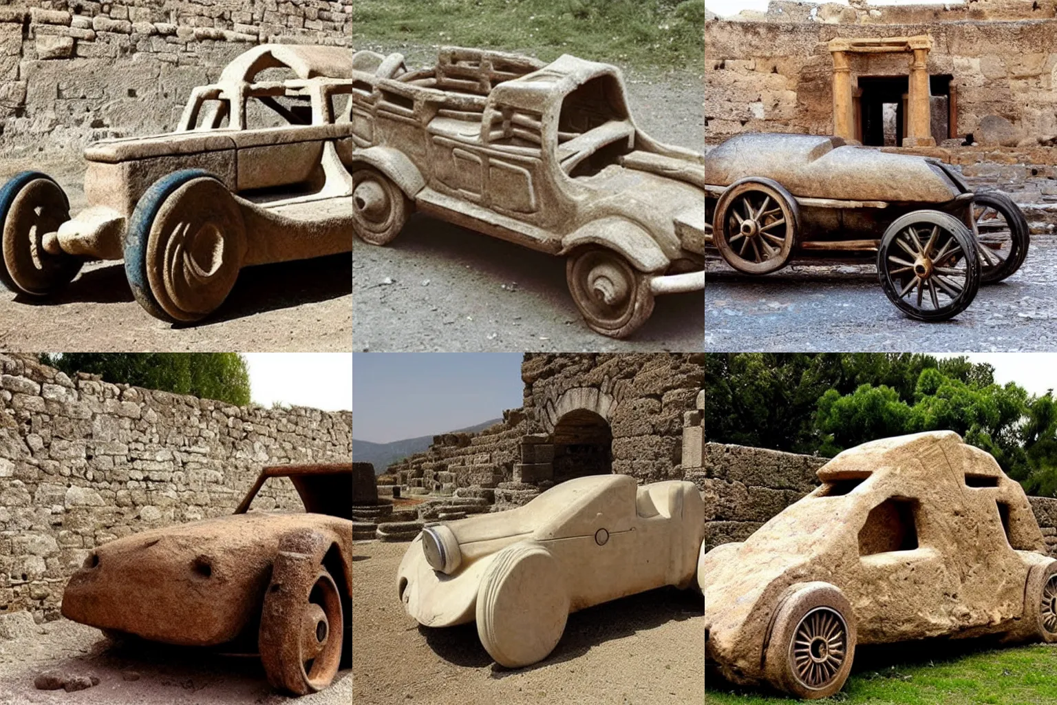Prompt: a car made by ancient greeks using ancient technology