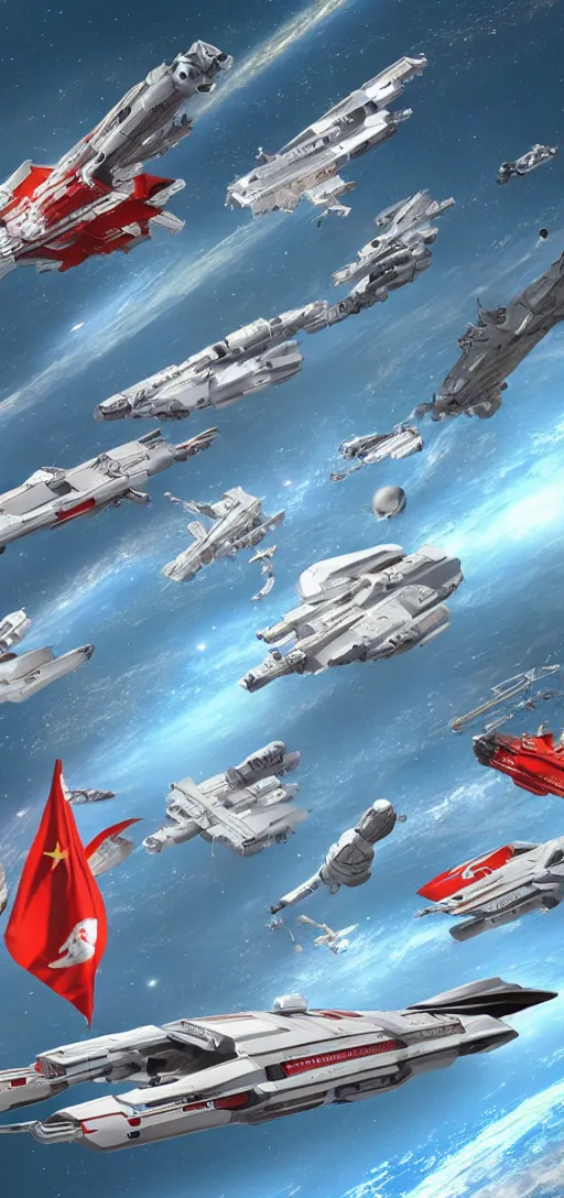 Prompt: fleet of spaceships in space with the hammer and sickle emblem on their side