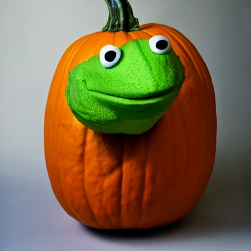 Prompt: a pumpkin kermit the frog, photography,