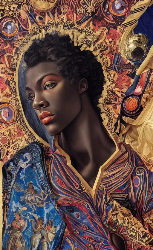 Image similar to beautifully painted mural of a stunning young black cyborg prince in ornate royal fabric, piercing glowing eyes, sci fi scenery, vogue cover poses, mural in the style of sandro botticelli, caravaggio, albrecth durer