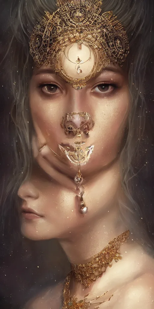 Image similar to realistic character concept, young princess with lots of jewelry in the face, elegant pose, scifi, illustration, slender symmetrical face and body, artstation, cinematic lighting, hyperdetailed, cgsociety, 8 k, high resolution, charlie bowater, tom bagshaw, single face, insanely detailed and intricate, beautiful, elegant, golden ratio, dark fractal background, vfx, postprocessing