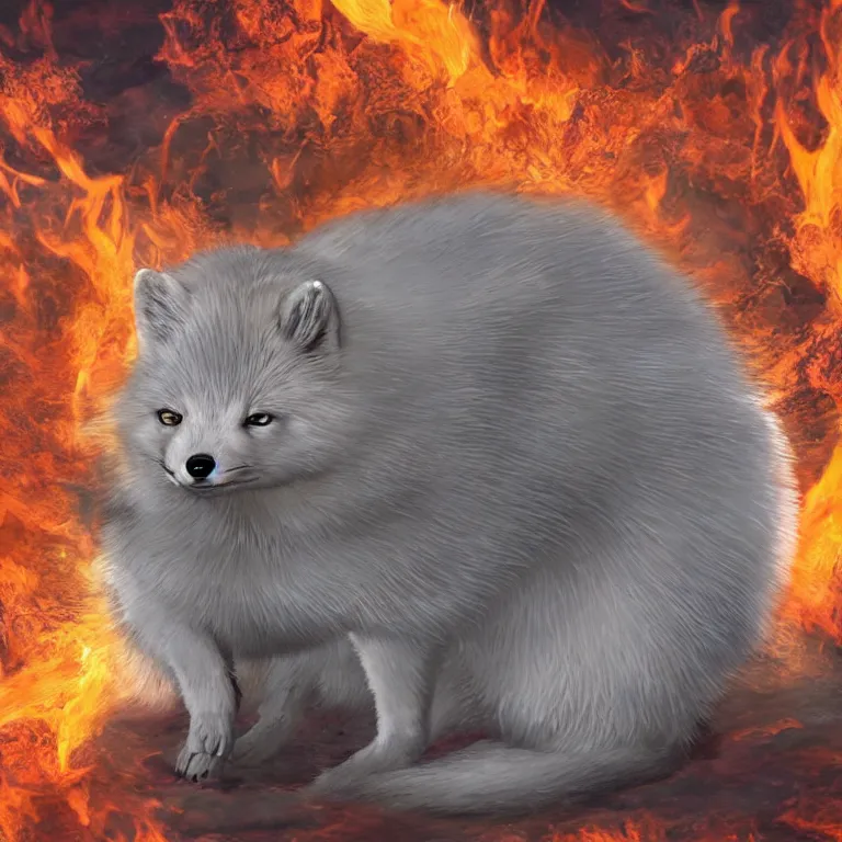 Image similar to surrealistic arctic fox surrounded by fire and ice and destruction in the center of world photorealistic hyperrealistic symmetrical detailed fractal