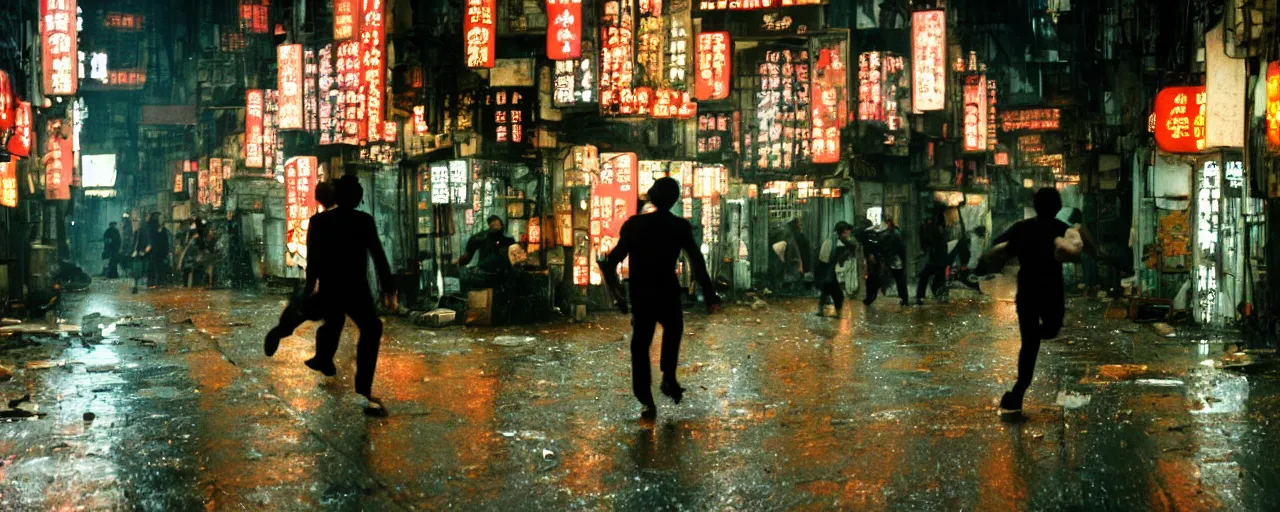 Prompt: dynamic steadicam shot, following a black clad man running through a crowded narrow alley in kowloon walled city, , fluorescent lights, night, rain, tungstem color balance, cinestill, cinematic movie still