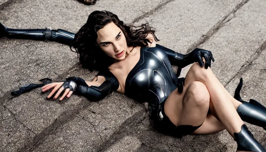 Prompt: gal gadot as catwoman sitting on a rooftom, still from the movie, barefooted