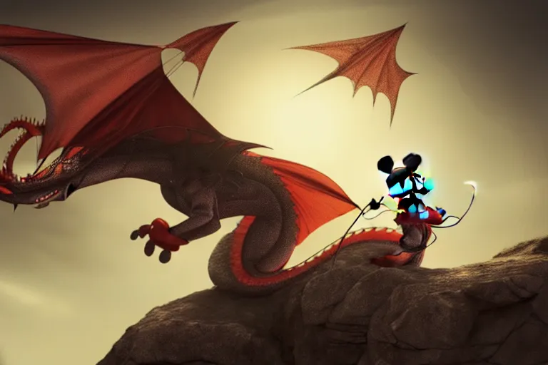 Prompt: mickey mouse riding a dragon, concept art. artstation. digital render. hdr, high dynamic range, global illumination, realistic, 8 k