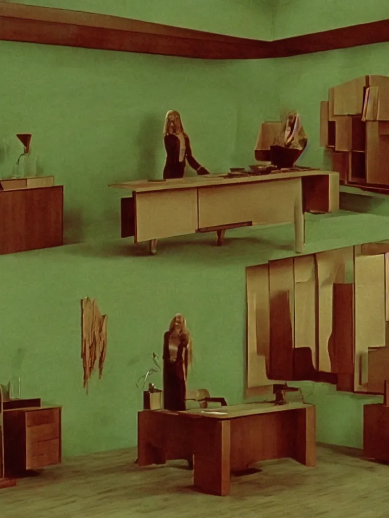 Image similar to a still of severance series indoor 7 0 s green velvet and wood with metal furniture office scenario appearing in a film of jodorowsky, in movie holy mountain ( 1 9 7 3 )