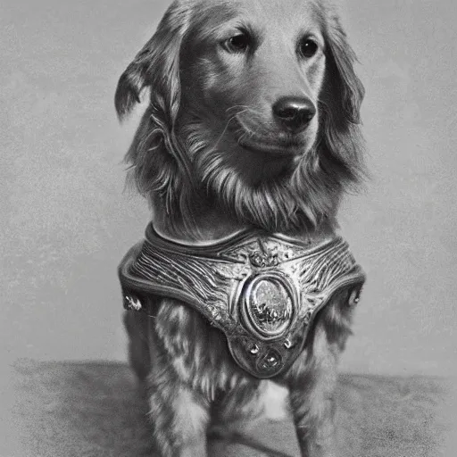 Prompt: portrait of a golden retriever wearing sunglesses and armour in victorian london, 8 k