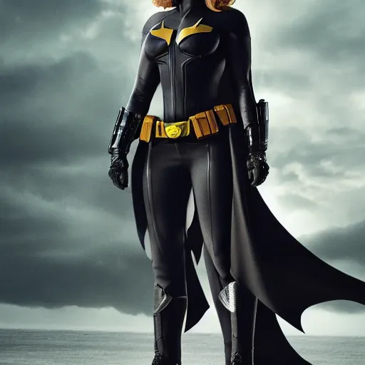 Prompt: scarlett johansson's batman, full pose, with cape, cape, cape, full length body shot, in a serene foreground, in a serene background