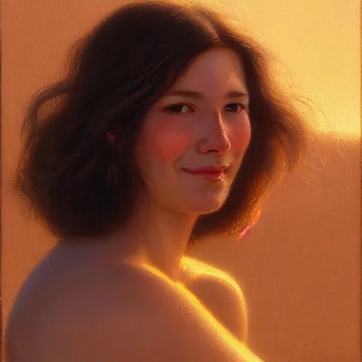 Prompt: Facial portrait of a cute shy woman, looking away from the camera, seductive smile, sparkle in eyes, mouth slightly open, lips slightly parted, long flowing hair, no hands visible, intricate, extremely detailed painting by Henry Justice Ford and by Greg Rutkowski and by Moebius, golden hour