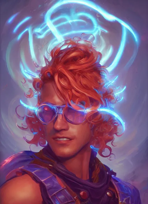 Image similar to glowwave portrait of curly orange hair man from league of legends, au naturel, hyper detailed, digital art, trending in artstation, cinematic lighting, studio quality, smooth render, unreal engine 5 rendered, octane rendered, art style by klimt and nixeu and ian sprigger and wlop and krenz cushart.