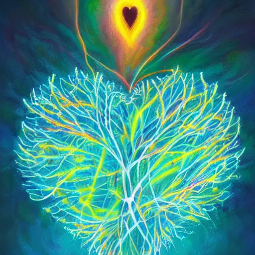 Image similar to a beautiful acrylic painting by andreas rocha and Anato Finnstark of a heart bursting out of a rib-cage and turning into rainbows and sunflowers, neon pastel color palette, soft feminine elegant
