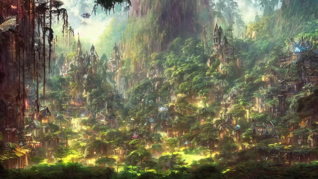 Image similar to a fairy city in a mystical magic forest, cinematic scene, studio ghibli, frank frazetta, trending on artstation