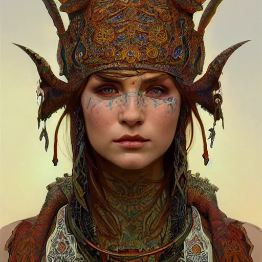 Image similar to a portrait of a lizard shaman, upper half portrait, decorated with russian motifs, russian shaman, siberia, traditional russia, intricate, elegant, highly detailed, symmetry, headpiece, digital painting, artstation concept art smooth sharp focus, illustration, art by artgerm and greg rutkowski alphonse mucha 8 k