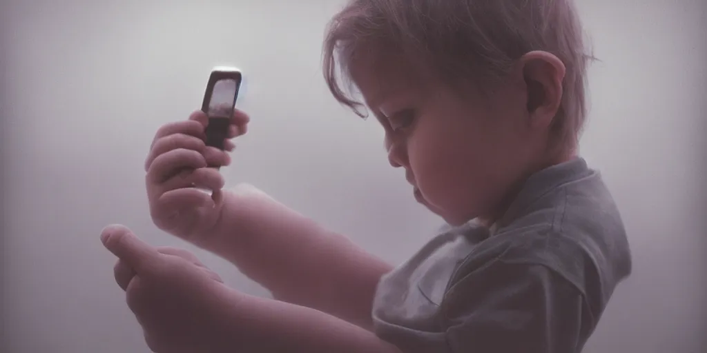 Image similar to cinematic, concept art, hyper realistic, symbolism, Orwellian Smart Phones held in the hand of a child by Scott M Fischer, misty, depth of field, 8k, 35mm film grain, album cover