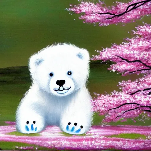 Prompt: cute fluffy white polar bear cub sitting under a pink cherry blossom tree japanese landscape detailed painting 4K