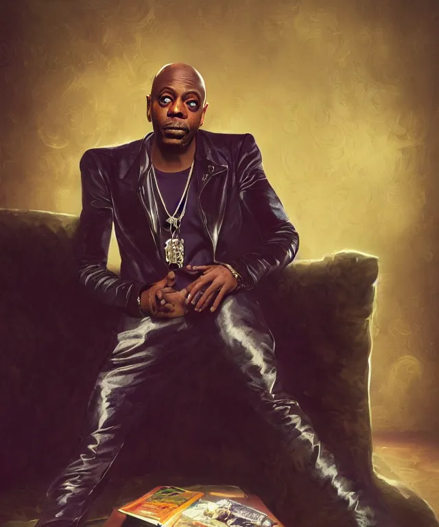 Image similar to dave chappelle, cinematic, as rick james, on a velvet couch, elegant, highly detailed, digital painting, artstation, smooth, hard focus, illustration, art by jessica rossier and and brian froud