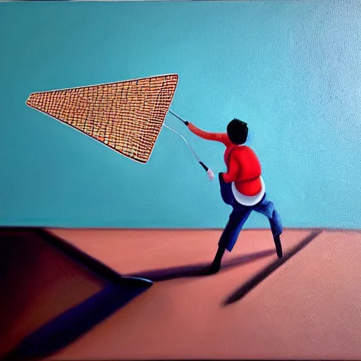 Image similar to hyperrealism painting from the housefly perspective getting swatted at from a man with a fly swatter