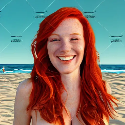 Prompt: digital art of redhead at the beach, freckles, dimples, smiling, flirting, eye contact