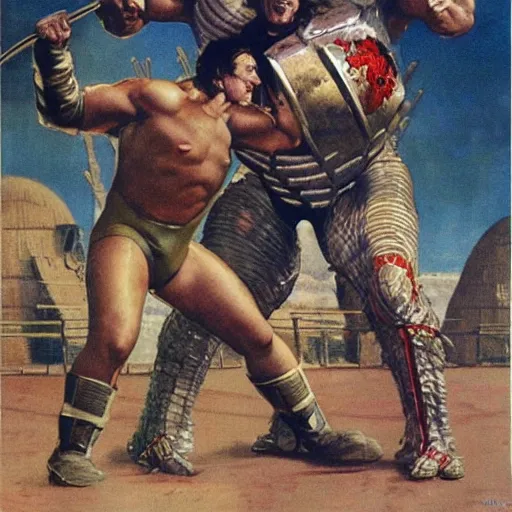 Prompt: wrestler giant haystacks in scifi warrior combat battle armour, by norman rockwell and boris vallejo