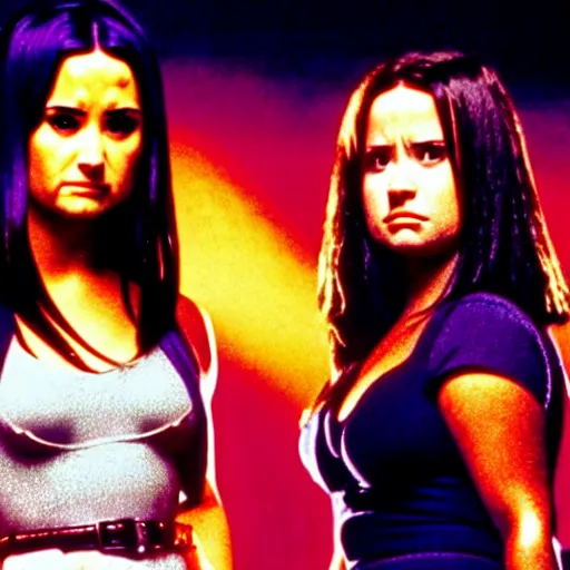 Image similar to close-up of Demi Lovato as Piper Halliwell and Selena Gomez as Phoebe Halliwell and Ariana Grande as Prue Halliwell in a Charmed movie directed by Christopher Nolan, movie still frame, promotional image, imax 35 mm footage