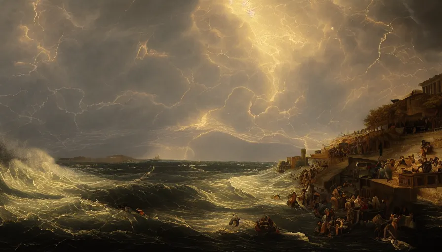 Image similar to Baroque painting of a tsunami hitting Athens, hyperdetailed, artstation, cgsociety, 8k