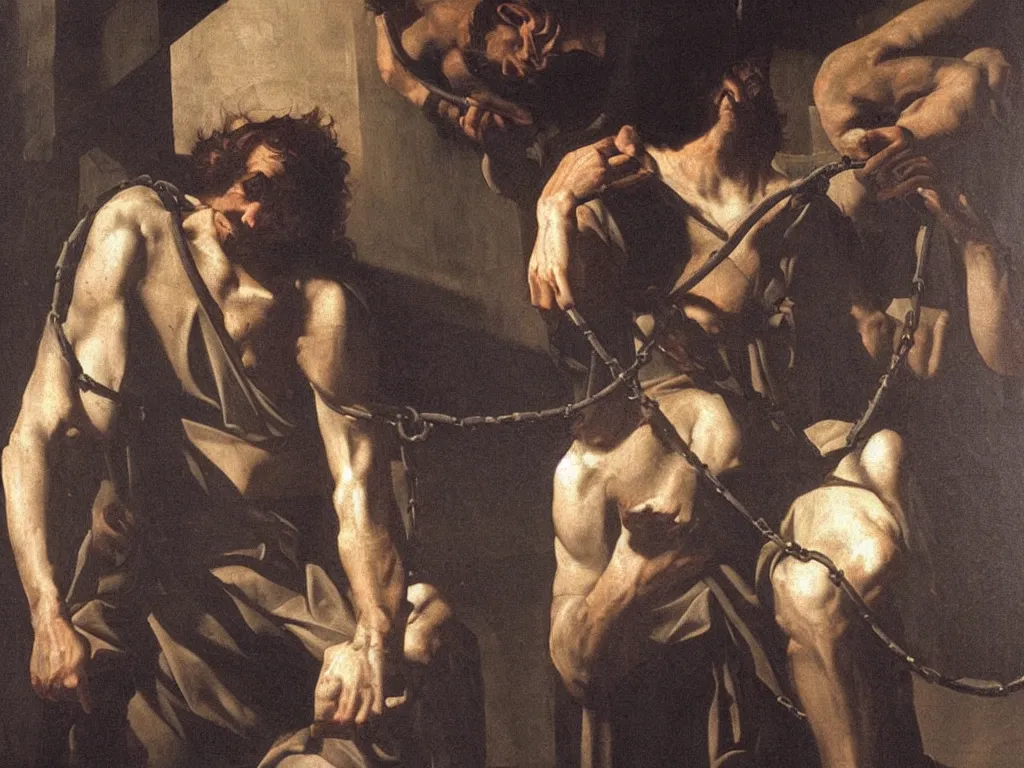 Image similar to Saint Peter in chains inside a prison cell, chiaroscuro, very detailed, oil painting by Caravaggio