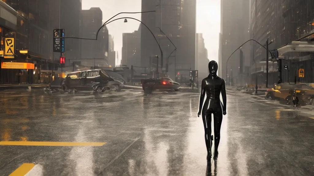 Prompt: modern sci-fi ninja woman with a sword and transparent plastic rainjacket and translucent clothing, walking towards oncoming busy traffic trucks and cars, in downtown chicago, daytime, wet floor on streets, matte painting, unreal engine, cinematic camera, mirrors edge, sunset overdrive