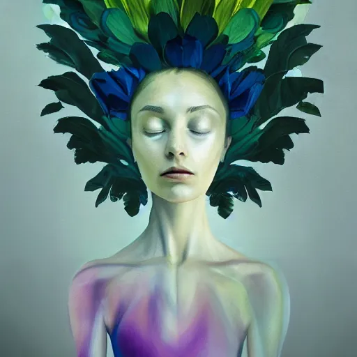 Image similar to huge flower as head, woman standing in a luxury apartment, surreal photography, dramatic light, impressionist painting, digital painting, artstation, georgia o'keeffe