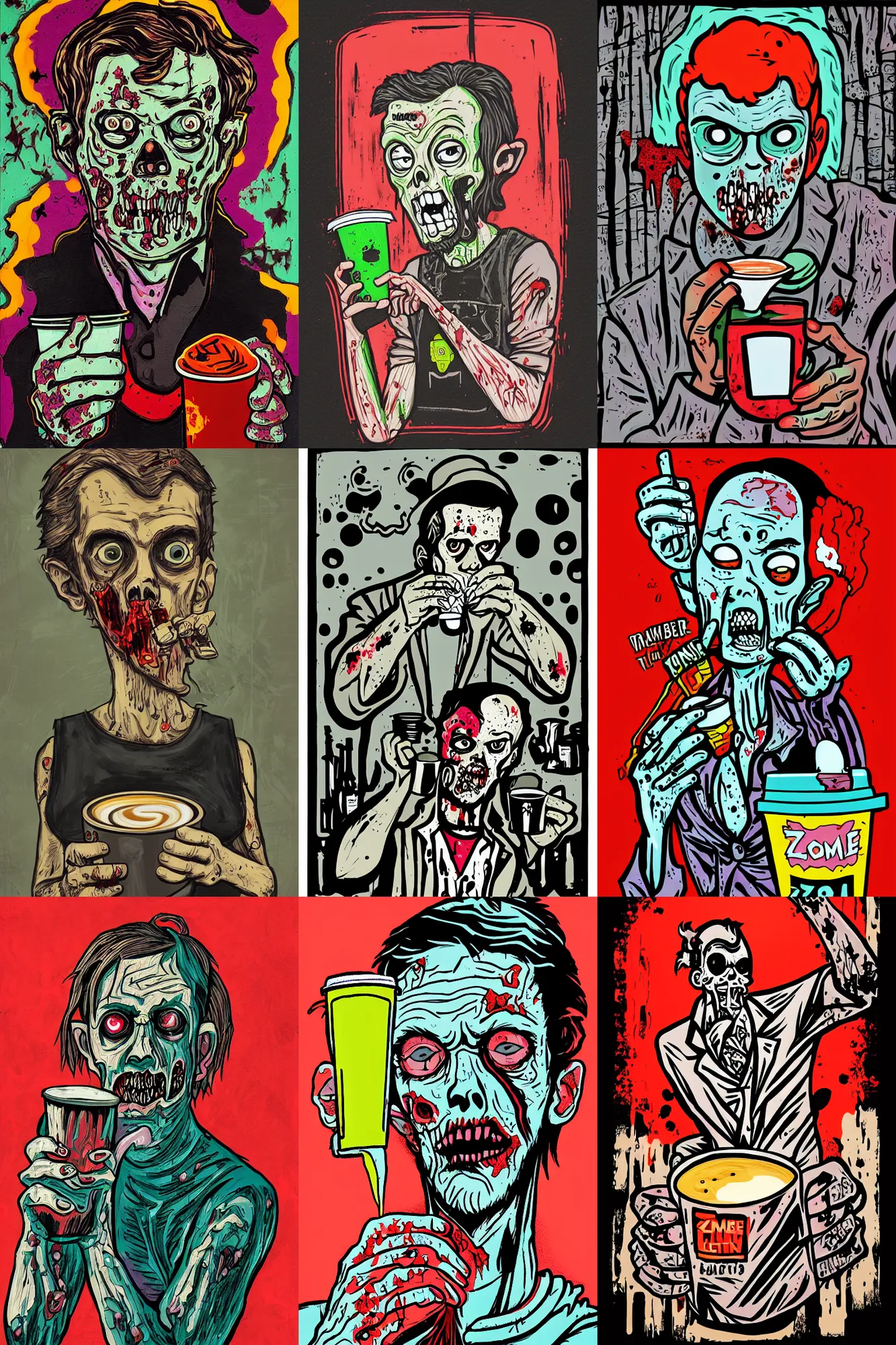 Prompt: zombie drinking take away coffee , portrait by mcbess, neon colours
