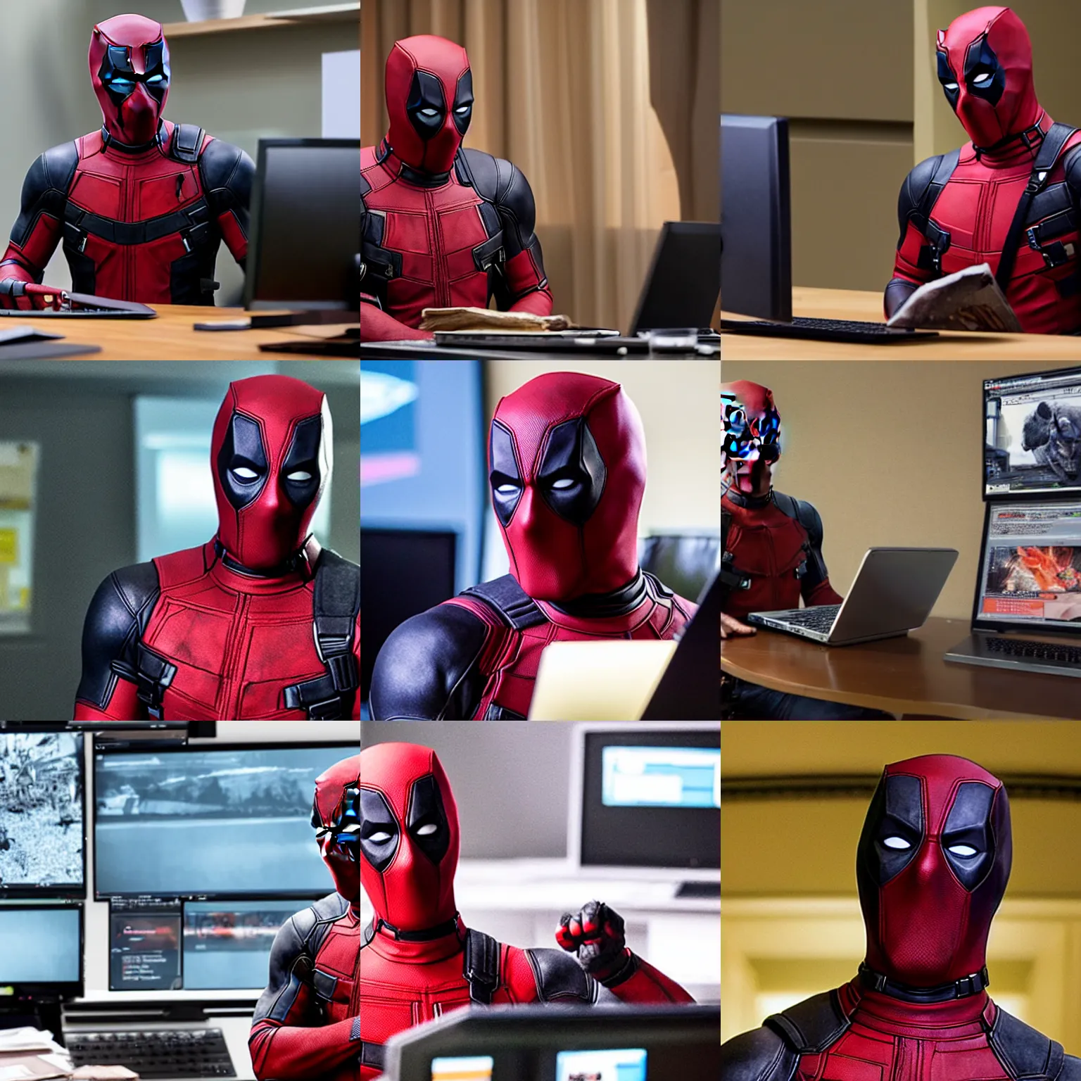 Prompt: ryan reynolds as deadpool browsing discord on his computer, bag of doritos on desk, photograph