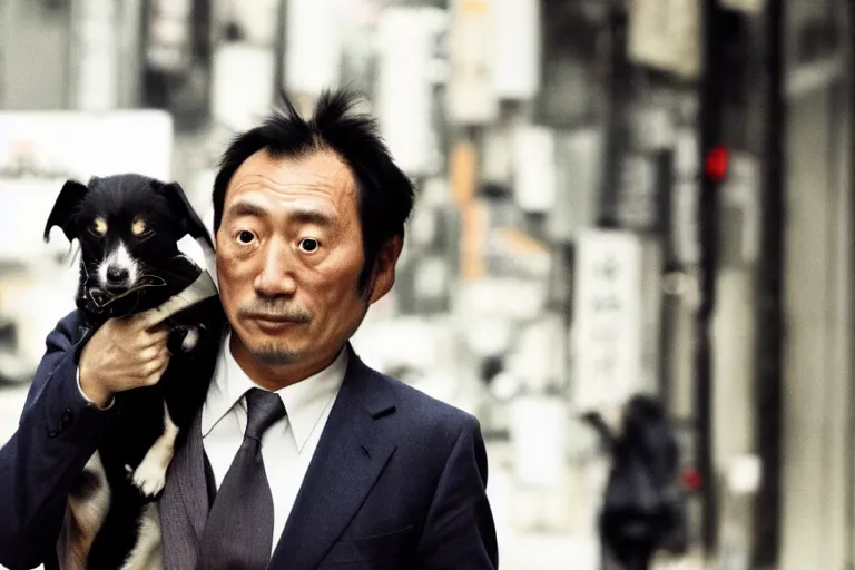 Prompt: cinematography closeup portrait of a Japanese business man carrying his dog running from an explosion in Tokyo by Emmanuel Lubezki