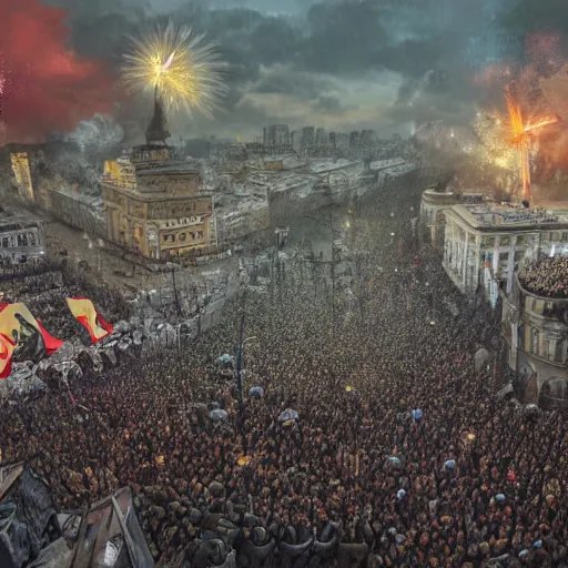 Prompt: ukranians celebrating victory in 2 0 2 2 war in maidan square in kyiv, cinematic, trending on art station, digital painting, 8 k