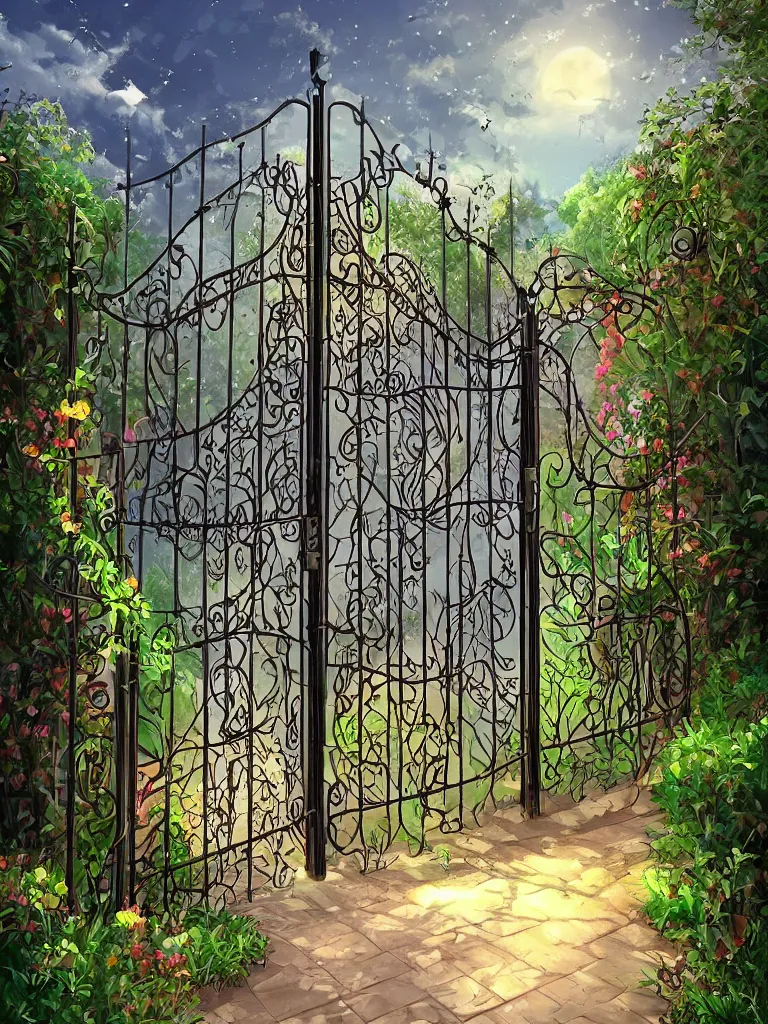 Prompt: beautiful digital painting high quality clear of wrought iron garden gate with a tranquil garden in the background and stone ground Cyril Rolando, David Wiesner, artstation behance